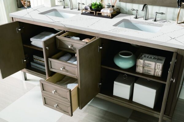 James Martin 305-V72-WWW-3ENC Chicago 72 Inch Double Vanity Cabinet with Ethereal Noctis Quartz Top - Whitewashed Walnut