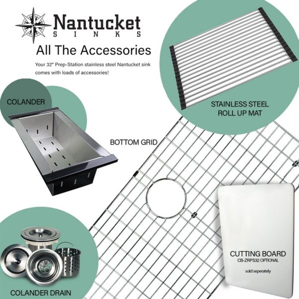 Nantucket SR-PS-3220-16 Pro Series 32 Inch Professional Prep Station Small Radius Undermount Stainless Kitchen Sink with Accessories