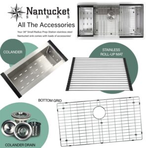 Nantucket Sinks SR-PS-3620-16 36 Inch Pro Series Large Prep Station Single Bowl Undermount Stainless Steel Kitchen Sink with Compatible Accessories