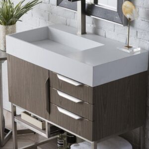 James Martin 388-V36-AGR-BN-GW Columbia 36 Inch Single Vanity in Ash Gray with Glossy White Solid Surface Top