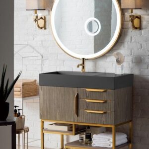 James Martin 388-V36-AGR-RG-GW Columbia 36 Inch Single Vanity in Ash Gray, Radiant Gold with Glossy White Solid Surface Top