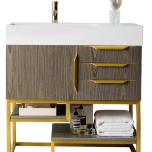 James Martin 388-V36-AGR-RG-GW Columbia 36 Inch Single Vanity in Ash Gray, Radiant Gold with Glossy White Solid Surface Top