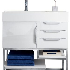 James Martin 388-V36-GW-BN-GW Columbia 36 Inch Single Vanity in Glossy White with Glossy White Solid Surface Top