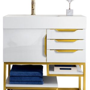 James Martin 388-V36-GW-RG-GW Columbia 36 Inch Single Vanity in Glossy White, Radiant Gold with Glossy White Solid Surface Top