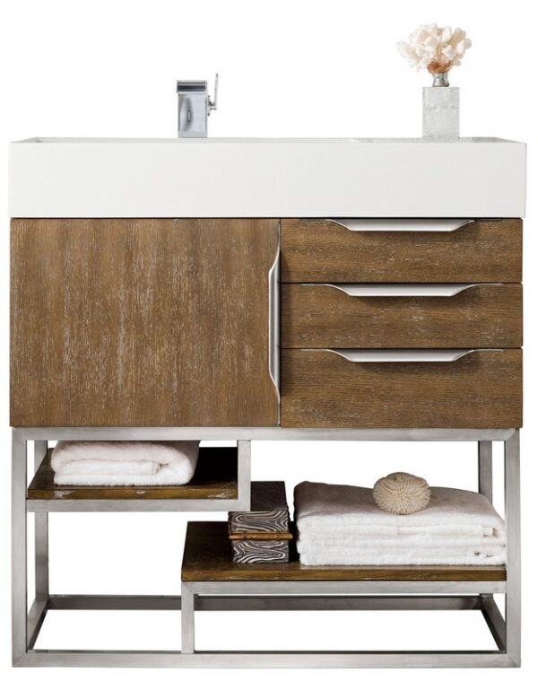 James Martin 388-V36-LTO-BN-GW Columbia 36 Inch Single Vanity in Latte Oak with Glossy White Solid Surface Top