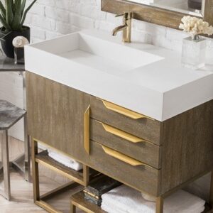 James Martin 388-V36-LTO-RG-GW Columbia 36 Inch Single Vanity in Latte Oak, Radiant Gold with Glossy White Solid Surface Top