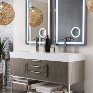 James Martin 388-V59D-AGR-BN-DGG Columbia 59 Inch Double Vanity in Ash Gray with Glossy Dark Gray Solid Surface Top