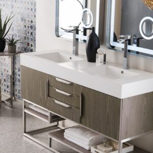 James Martin 388-V59D-AGR-BN-GW Columbia 59 Inch Double Vanity in Ash Gray with Glossy White Solid Surface Top