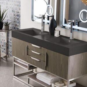 James Martin 388-V59D-AGR-BN-GW Columbia 59 Inch Double Vanity in Ash Gray with Glossy White Solid Surface Top