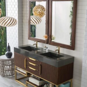 James Martin 388-V59D-CFO-RG-GW Columbia 59 Inch Double Vanity in Coffee Oak, Radiant Gold with Glossy White Solid Surface Top