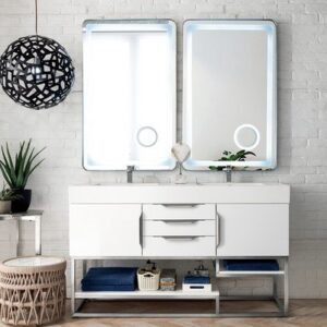 James Martin 388-V59D-GW-BN-GW Columbia 59 Inch Double Vanity in Glossy White with Glossy White Solid Surface Top