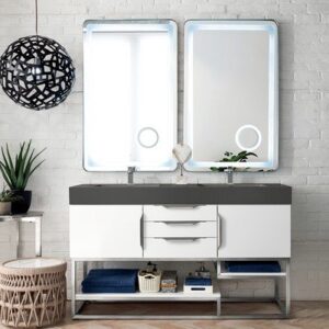 James Martin 388-V59D-GW-BN-DGG Columbia 59 Inch Double Vanity in Glossy White with Glossy Dark Gray Solid Surface Top