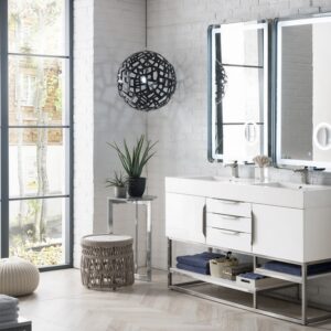 James Martin 388-V59D-GW-BN-GW Columbia 59 Inch Double Vanity in Glossy White with Glossy White Solid Surface Top