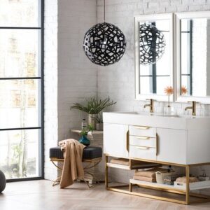 James Martin 388-V59D-GW-RG-DGG Columbia 59 Inch Double Vanity in Glossy White, Radiant Gold with Glossy Dark Gray Solid Surface Top