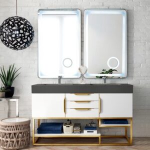 James Martin 388-V59D-GW-RG-DGG Columbia 59 Inch Double Vanity in Glossy White, Radiant Gold with Glossy Dark Gray Solid Surface Top