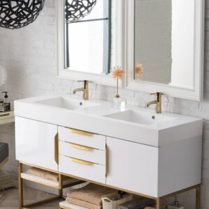 James Martin 388-V59D-GW-RG-DGG Columbia 59 Inch Double Vanity in Glossy White, Radiant Gold with Glossy Dark Gray Solid Surface Top