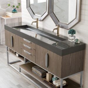 James Martin 388-V72D-AGR-BN-GW Columbia 72 Inch Double Vanity in Ash Gray with Glossy White Solid Surface Top