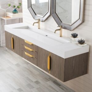 James Martin 388-V72D-AGR-RG-GW Columbia 72 Inch Double Vanity in Ash Gray, Radiant Gold with Glossy White Solid Surface Top