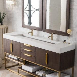 James Martin 388-V72D-CFO-RG-GW Columbia 72 Inch Double Vanity in Coffee Oak, Radiant Gold with Glossy White Solid Surface Top