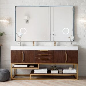 James Martin 388-V72D-CFO-RG-GW Columbia 72 Inch Double Vanity in Coffee Oak, Radiant Gold with Glossy White Solid Surface Top