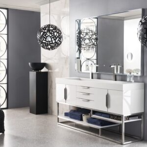 James Martin 388-V72D-GW-BN-GW Columbia 72 Inch Double Vanity in Glossy White with Glossy White Solid Surface Top