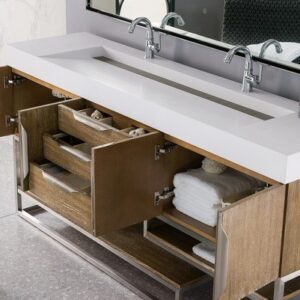 James Martin 388-V72D-LTO-BN-GW Columbia 72 Inch Double Vanity in Latte Oak with Glossy White Solid Surface Top