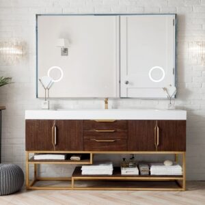 James Martin 388-V72S-CFO-RG-GW Columbia 72 Inch Single Vanity in Coffee Oak, Radiant Gold with Glossy White Solid Surface Top