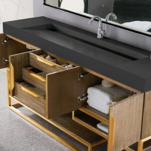 James Martin 388-V72S-LTO-RG-DGG Columbia 72 Inch Single Vanity in Latte Oak, Radiant Gold with Glossy Dark Gray Solid Surface Top