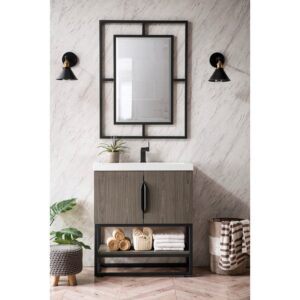 James Martin 388V31.5AGRMBKWG Columbia 31.5 Inch Single Vanity Cabinet in Ash Gray and Matte Black with White Glossy Composite Countertop