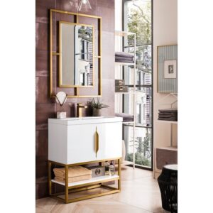 James Martin 388V31.5GWRGDWG Columbia 31.5 Inch Single Vanity Cabinet in Glossy White and Radiant Gold with White Glossy Composite Countertop