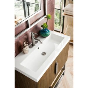 James Martin 388V31.5LTOBNKWG Columbia 31.5 Inch Single Vanity Cabinet in Latte Oak and Brushed Nickel with White Glossy Composite Countertop