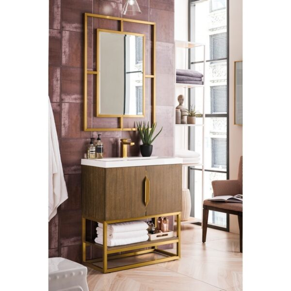 James Martin 388V31.5LTORGDWG Columbia 31.5 Inch Single Vanity Cabinet in Latte Oak and Radiant Gold with White Glossy Composite Countertop