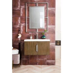 James Martin 388V31.5LTOWG Columbia 31.5 Inch Single Vanity Cabinet in Latte Oak with White Glossy Composite Countertop