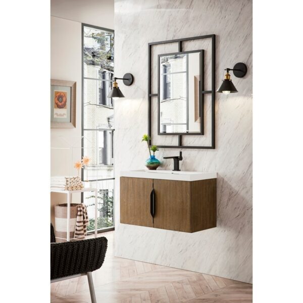 James Martin 388V31.5LTOWG Columbia 31.5 Inch Single Vanity Cabinet in Latte Oak with White Glossy Composite Countertop