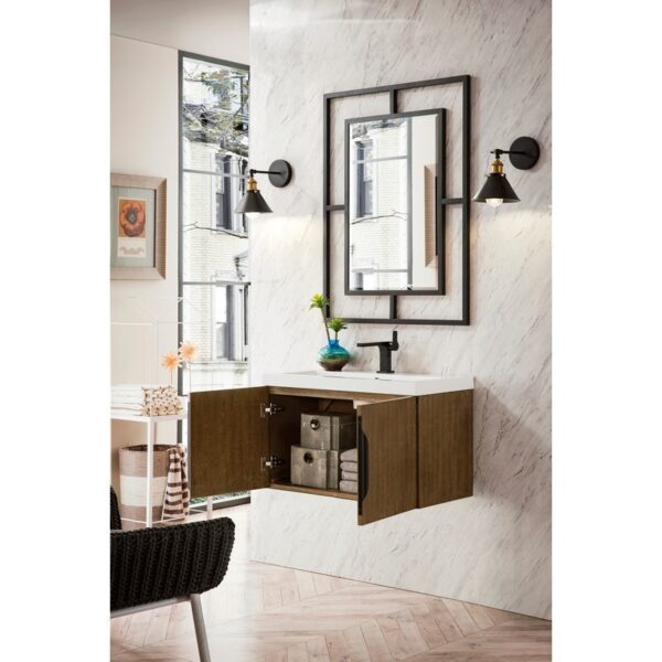 James Martin 388V31.5LTOWG Columbia 31.5 Inch Single Vanity Cabinet in Latte Oak with White Glossy Composite Countertop