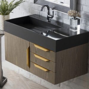 James Martin 389-V36-AGR-G-GW Mercer Island 36 Inch Single Vanity in Ash Gray, Radiant Gold with Glossy White Solid Surface Top