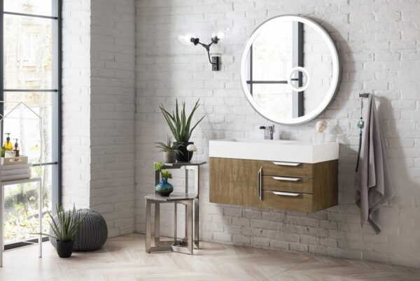 James Martin 389-V36-LTO-A-GW Mercer Island 36 Inch Single Vanity in Latte Oak with Glossy White Solid Surface Top