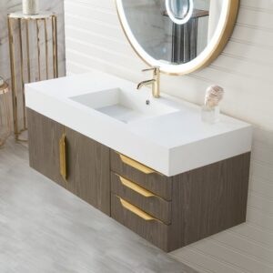 James Martin 389-V48-AGR-G-GW Mercer Island 48 Inch Single Vanity in Ash Gray, Radiant Gold with Glossy White Solid Surface Top