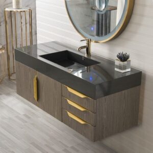 James Martin 389-V48-AGR-G-GW Mercer Island 48 Inch Single Vanity in Ash Gray, Radiant Gold with Glossy White Solid Surface Top