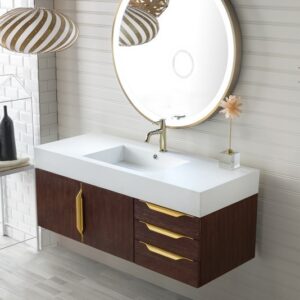 James Martin 389-V48-CFO-G-GW Mercer Island 48 Inch Single Vanity in Coffee Oak, Radiant Gold with Glossy White Solid Surface Top