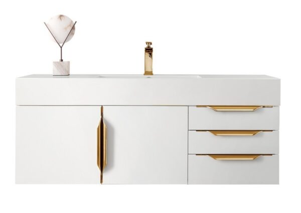 James Martin 389-V48-GW-G-GW Mercer Island 48 Inch Single Vanity in Glossy White, Radiant Gold with Glossy White Solid Surface Top