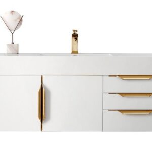 James Martin 389-V48-GW-G-GW Mercer Island 48 Inch Single Vanity in Glossy White, Radiant Gold with Glossy White Solid Surface Top