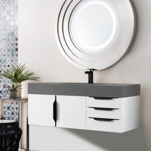 James Martin 389-V48-GW-MB-DGG Mercer Island 48 Inch Single Vanity Cabinet with Dusk Grey Glossy Composite Top - Glossy White