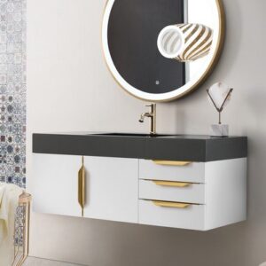 James Martin 389-V48-GW-G-DGG Mercer Island 48 Inch Single Vanity in Glossy White, Radiant Gold with Glossy Dark Gray Solid Surface Top