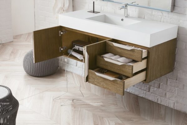 James Martin 389-V48-LTO-A-GW Mercer Island 48 Inch Single Vanity in Latte Oak with Glossy White Solid Surface Top