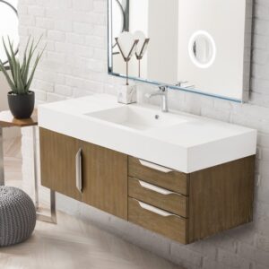 James Martin 389-V48-LTO-A-GW Mercer Island 48 Inch Single Vanity in Latte Oak with Glossy White Solid Surface Top