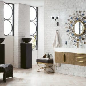 James Martin 389-V48-LTO-G-DGG Mercer Island 48 Inch Single Vanity in Latte Oak, Radiant Gold with Glossy Dark Gray Solid Surface Top