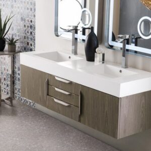 James Martin 389-V59D-AGR-A-GW Mercer Island 59 Inch Double Vanity in Ash Gray with Glossy White Solid Surface Top