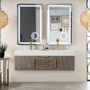 James Martin 389-V59D-AGR-G-DGG Mercer Island 59 Inch Double Vanity in Ash Gray, Radiant Gold with Glossy Dark Gray Solid Surface Top