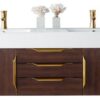 James Martin 389-V59D-CFO-G-DGG Mercer Island 59 Inch Double Vanity in Coffee Oak, Radiant Gold with Glossy Dark Gray Solid Surface Top